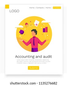Accounting and audit web design concept. Modern colorful design. Landing page template. Vector illustration.