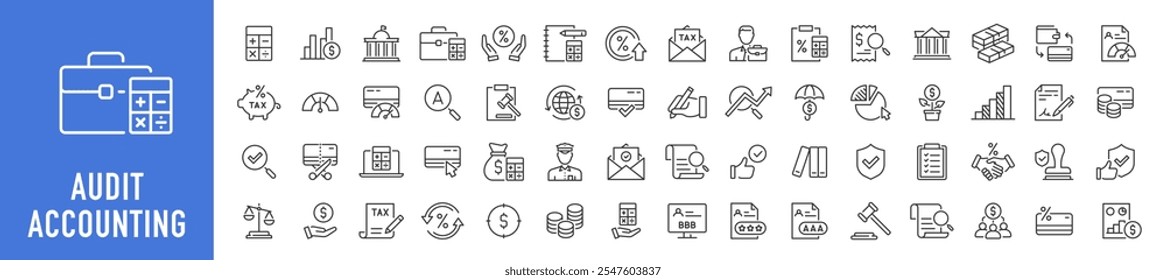 Accounting and audit web icons in line style. Assessment, calculator, check mark, auditing, inspection, investment, calculation, analytics, collection. Vector illustration.