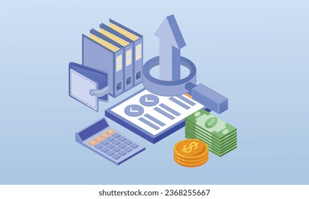 Conceptos de contabilidad y auditoría.sobre fondo azul.Diseño 3D.diseño vectorial isométrico Ilustración.