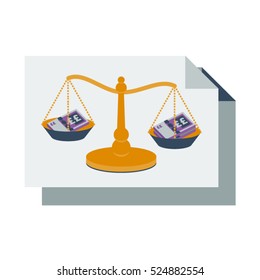 Accounting balance sheet with bank notes and scales vector illustration