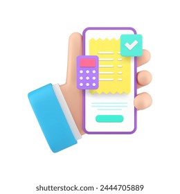 Accounting banking tax payment smartphone application in business man hand 3d icon realistic vector illustration. Financial budget balance expenses earnings checking profit calculation income audit