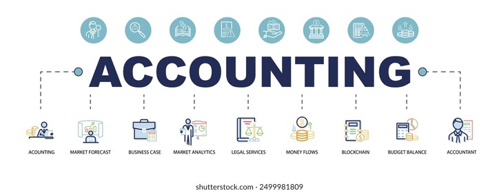 Accounting banner web icon for business company, audit, ledger, income statement, balance sheet, expenses, calculation and consultation. SEO, Sign, Business. Cartoon infographics. Vector illustration