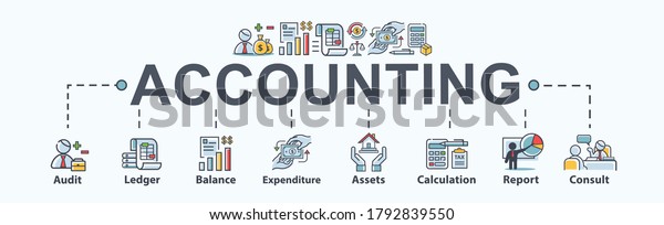 Accounting banner web\
icon for business company, audit, ledger, income statement, balance\
sheet, expenditure, calculation and consult. Minimal vector cartoon\
infographic.