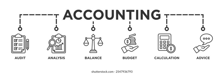 Accounting banner web icon illustration concept for business and finance with an icon of the audit, analysis, balance, budget, calculation, and advice	