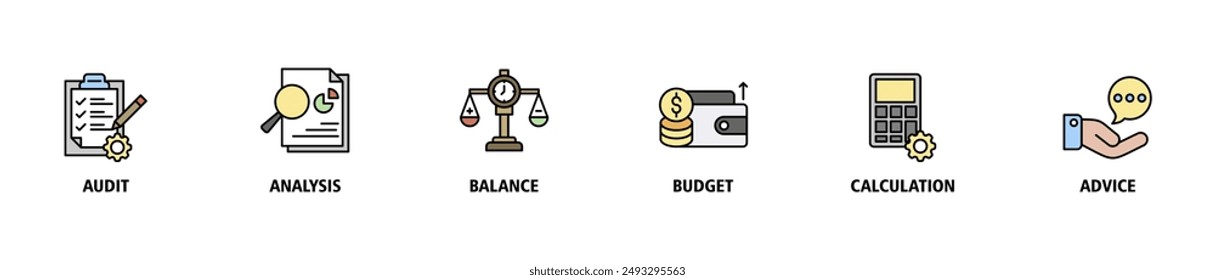 Accounting banner web icon set vector symbol illustration concept for business and finance with an icon of the audit, analysis, balance, budget, calculation, and advice