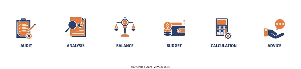 Accounting banner web icon set vector symbol illustration concept for business and finance with an icon of the audit, analysis, balance, budget, calculation, and advice