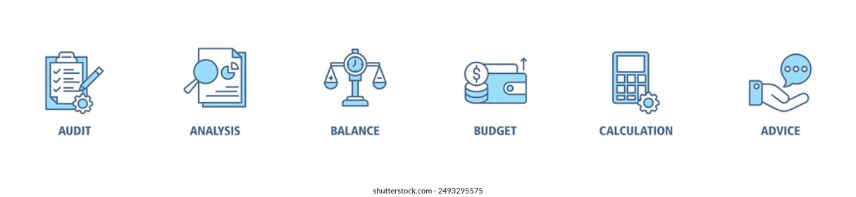 Accounting banner web icon set vector symbol illustration concept for business and finance with an icon of the audit, analysis, balance, budget, calculation, and advice