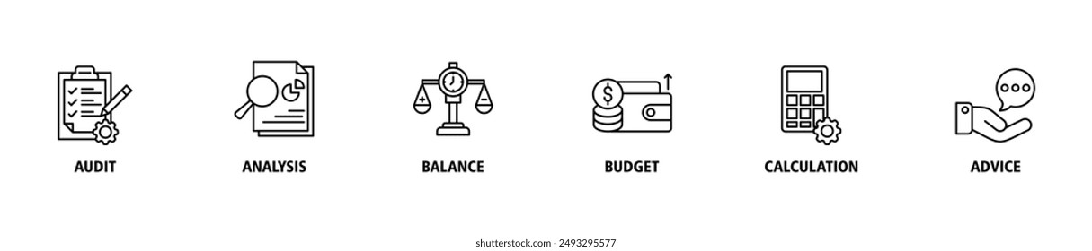 Icono de Web de Anuncio contable conjunto de símbolos de Vector concepto de ilustración para negocios y finanzas con un  de auditoría, análisis, balance, presupuesto, cálculo y asesoramiento