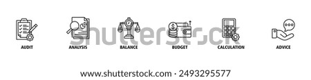 Accounting banner web icon set vector symbol illustration concept for business and finance with an icon of the audit, analysis, balance, budget, calculation, and advice