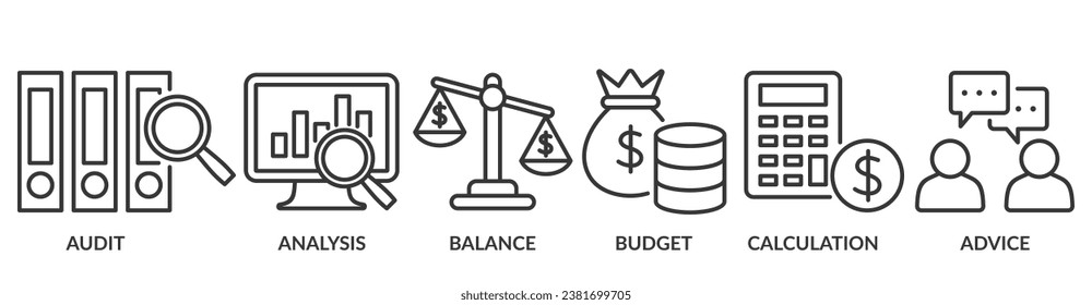 Pancarta de contabilidad icono web concepto de ilustración vectorial para empresas y finanzas con un icono de auditoría, análisis, balance, presupuesto, cálculo y asesoramiento