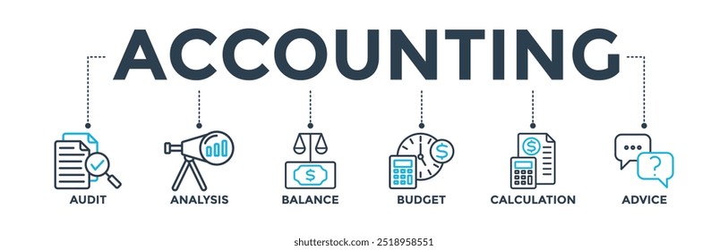 Banner contábil ícone da Web vetor ilustração conceito para negócios e finanças com um ícone da auditoria, análise, saldo, orçamento, cálculo e conselho
