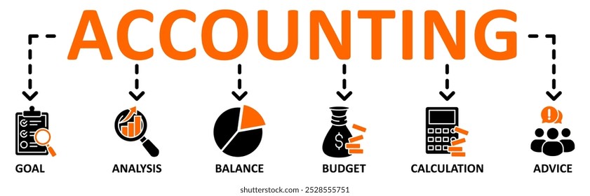 Conceito de ilustração de vetor de ícone da Web de banner de contabilidade com ícone de meta,análise,saldo,orçamento,cálculo,aviso