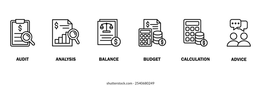 Concepto de Ilustración vectorial de ícono de Web de Anuncio contable para negocios y finanzas con un ícono de la auditoría, análisis, equilibrio, presupuesto, cálculo y asesoramiento