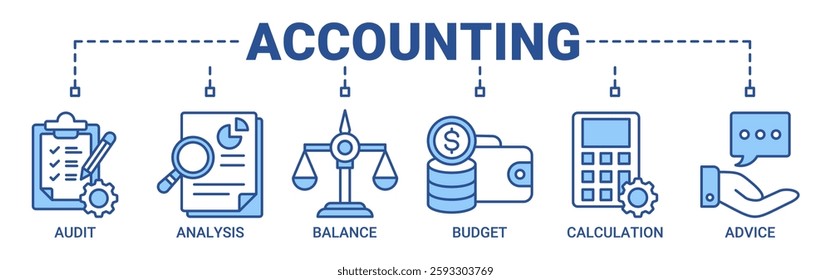 Accounting banner web icon vector illustration concept for business and finance with an icon of the audit, analysis, balance, budget, calculation and advice icons. Outline blue color symbol background