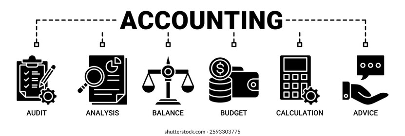 Accounting banner web icon vector illustration concept for business and finance with an icon of the audit, analysis, balance, budget, calculation and advice icons. Solid color vector symbol background