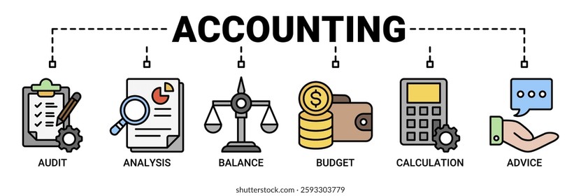 Accounting banner web icon vector illustration concept for business and finance with an icon of the audit, analysis, balance, budget, calculation, and advice icons. Outline color symbol background.
