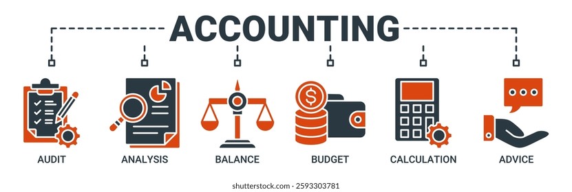 Accounting banner web icon vector illustration concept for business and finance with an icon of the audit, analysis, balance, budget, calculation and advice icons. Solid color vector symbol background