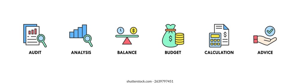 Accounting banner web icon vector illustration concept for business and finance with an icon of the audit, analysis, balance, budget, calculation, and advice