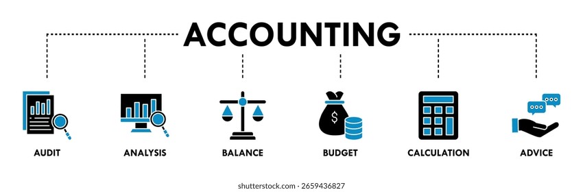 Concepto de Ilustración vectorial de ícono de Web de Anuncio contable para negocios y finanzas con un ícono de la auditoría, análisis, equilibrio, presupuesto, cálculo y asesoramiento