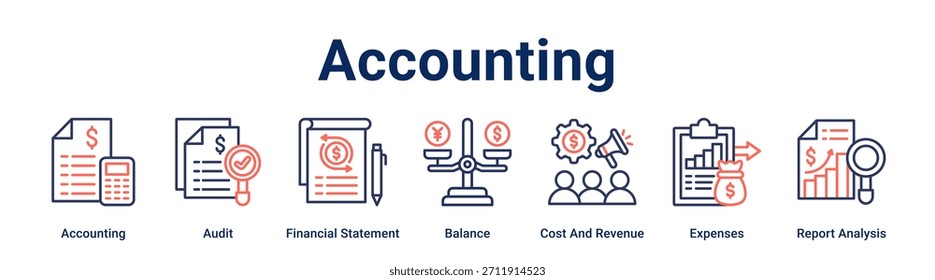 Concepto de Ilustración vectorial de ícono de Web de Anuncio contable para negocios con ícono de Contabilidad, Auditoría, Estado Financiero, Saldo, Costo e Ingresos, Gastos, Análisis de Informes.
