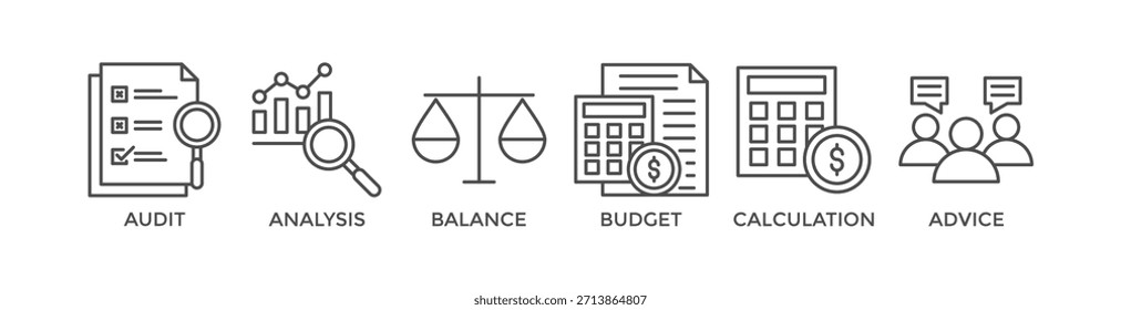 Buchhaltungs-Banner Web-Symbol, Vektorgrafik-Konzept für Unternehmen und Finanzen mit einem Symbol der Prüfung, Analyse, Saldo, Budget, Berechnung und Beratung