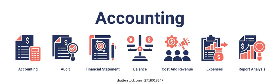 Concepto de Ilustración vectorial de ícono de Web de Anuncio contable para negocios con ícono de Contabilidad, Auditoría, Estado Financiero, Saldo, Costo e Ingresos, Gastos, Análisis de Informes.