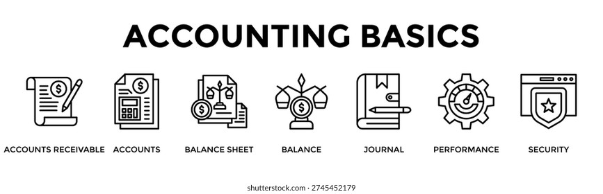 Accounting Basics Banner Web Icon Set Collection Pack Vector Illustration Concept For Accounts Receivable, Accounts, Balance Sheet, Balance, Journal, Performance, Security