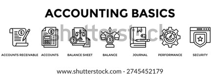 Accounting Basics Banner Web Icon Set Collection Pack Vector Illustration Concept For Accounts Receivable, Accounts, Balance Sheet, Balance, Journal, Performance, Security