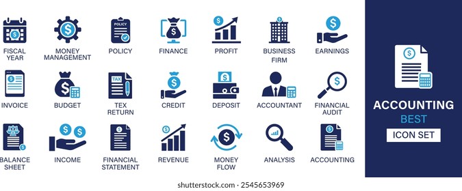 Accounting best solid icon set collection. Fiscal year, money management, policy, profit, business firm, earnings, invoice, budget, tax return, credit and vector illustration.