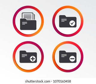 Accounting binders icons. Add or remove document folder symbol. Bookkeeping management with checkbox. Infographic design buttons. Circle templates. Vector