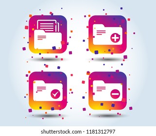 Accounting binders icons. Add or remove document folder symbol. Bookkeeping management with checkbox. Colour gradient square buttons. Flat design concept. Vector