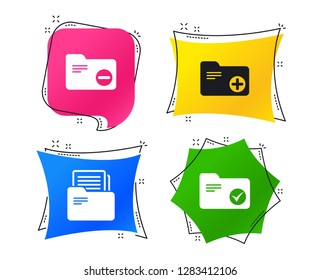 Accounting binders icons. Add or remove document folder symbol. Bookkeeping management with checkbox. Geometric colorful tags. Banners with flat icons. Trendy design. Vector