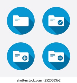 Accounting binders icons. Add or remove document folder symbol. Bookkeeping management with checkbox. Circle concept web buttons. Vector