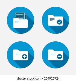 Accounting binders icons. Add or remove document folder symbol. Bookkeeping management with checkbox. Circle concept web buttons. Vector