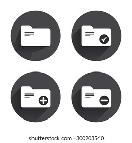 Accounting binders icons. Add or remove document folder symbol. Bookkeeping management with check box. Circles buttons with long flat shadow. Vector