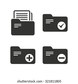 Accounting binders icons. Add or remove document folder symbol. Bookkeeping management with checkbox. Flat icons on white. Vector
