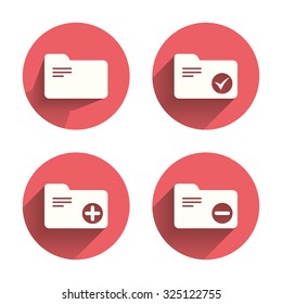 Accounting binders icons. Add or remove document folder symbol. Bookkeeping management with checkbox. Pink circles flat buttons with shadow. Vector