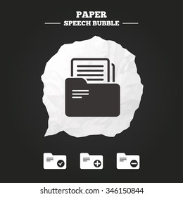 Accounting binders icons. Add or remove document folder symbol. Bookkeeping management with checkbox. Paper speech bubble with icon.