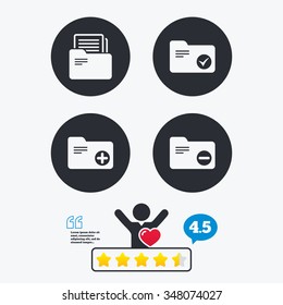 Accounting binders icons. Add or remove document folder symbol. Bookkeeping management with checkbox. Star vote ranking. Client like and think bubble. Quotes with message.