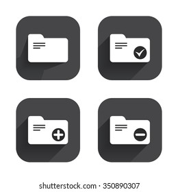 Accounting binders icons. Add or remove document folder symbol. Bookkeeping management with checkbox. Square flat buttons with long shadow.