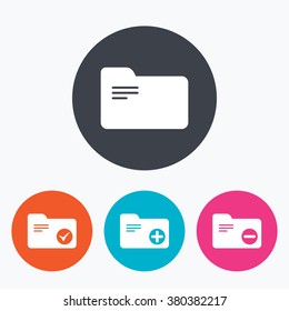Accounting binders icons. Add or remove document folder symbol. Bookkeeping management with checkbox. Circle flat buttons with icon.