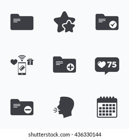 Accounting binders icons. Add or remove document folder symbol. Bookkeeping management with checkbox. Flat talking head, calendar icons. Stars, like counter icons. Vector