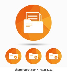 Accounting binders icons. Add or remove document folder symbol. Bookkeeping management with checkbox. Triangular low poly buttons with shadow. Vector