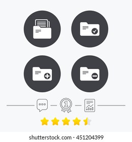 Accounting binders icons. Add or remove document folder symbol. Bookkeeping management with checkbox. Chat, award medal and report linear icons. Star vote ranking. Vector