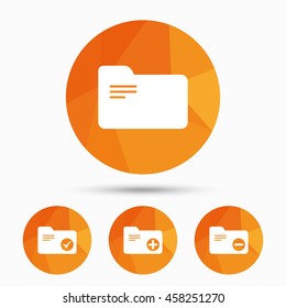 Accounting binders icons. Add or remove document folder symbol. Bookkeeping management with checkbox. Triangular low poly buttons with shadow. Vector