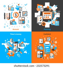 Accounting black icons set with planning time is money cashdesk isolated vector illustration