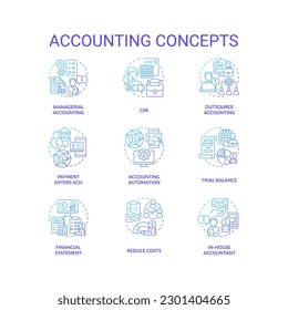 Accounting blue gradient concept icons set. Financial statement. Business performance idea thin line color illustrations. Isolated symbols. Roboto-Medium, Myriad Pro-Bold fonts used