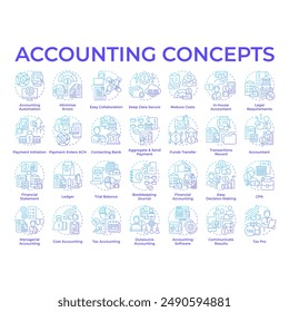 Accounting blue gradient concept icons. Tracking financial transactions. Bookkeeping services. Processing information. Tax planning. Icon pack. Vector images. Round shape illustrations. Abstract idea