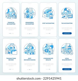 Accounting blue onboarding mobile app screen set. Types, importance walkthrough 4 steps editable graphic instructions with linear concepts. UI, UX, GUI template. Myriad Pro-Bold, Regular fonts used