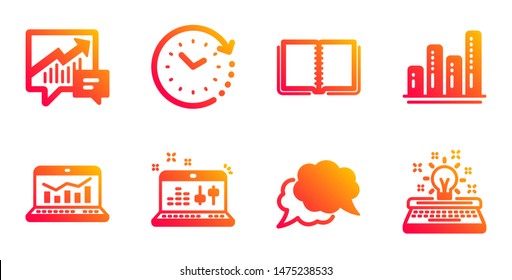 Accounting, Book and Graph chart line icons set. Time change, Web analytics and Sound check signs. Chat message, Typewriter symbols. Supply and demand, E-learning course. Education set. Vector